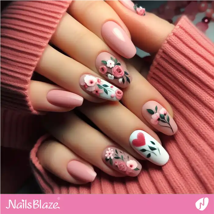 Pink Roses and a Heart Classic Nail Art | Valentine Nails - NB2104